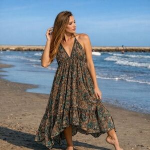 ZURY Elegant Paisley Halter Maxi Dress Silk Blend Halter Tie Neck Tie Back Tier